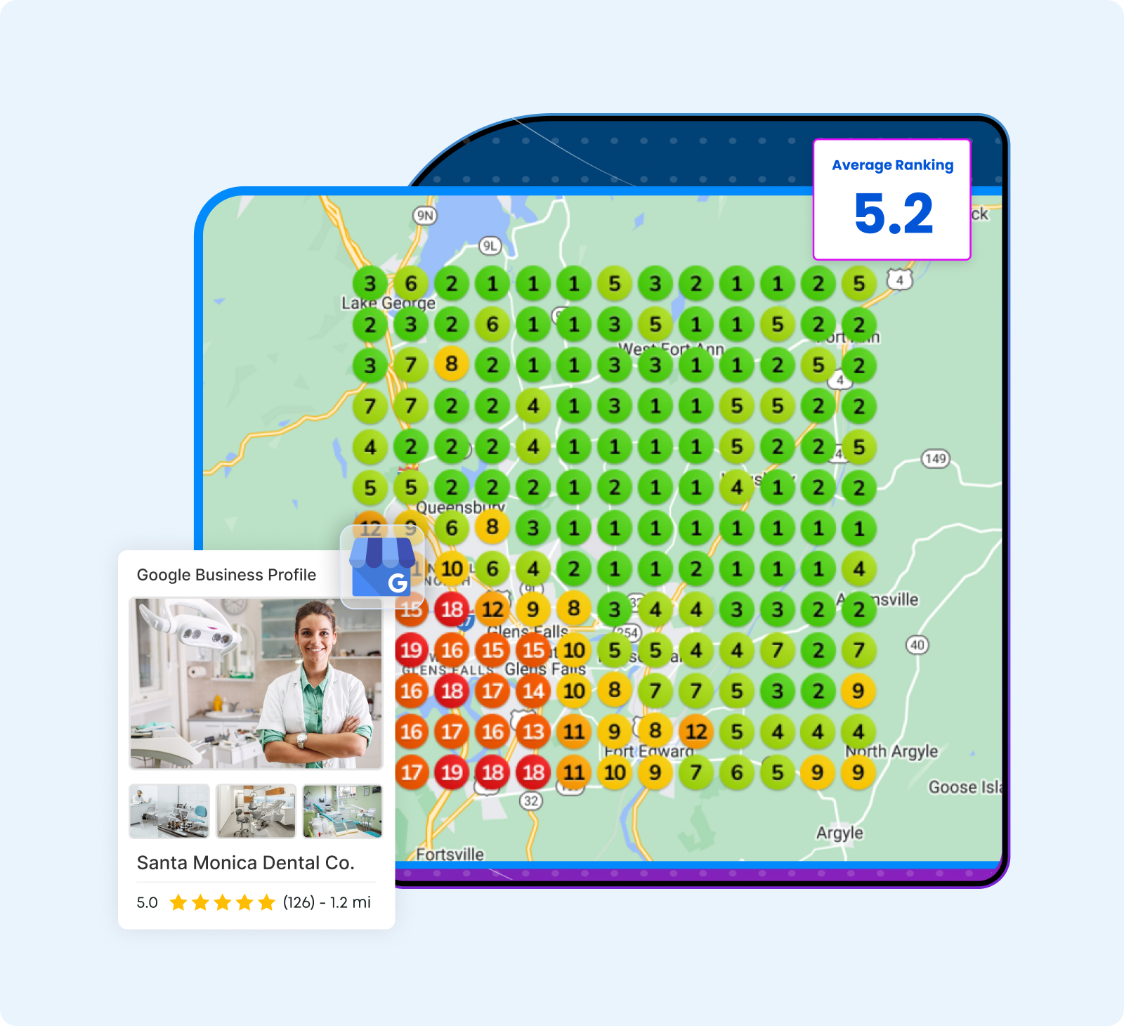 Example local Google Maps ranking heatmap with colored positions across a neighborhood